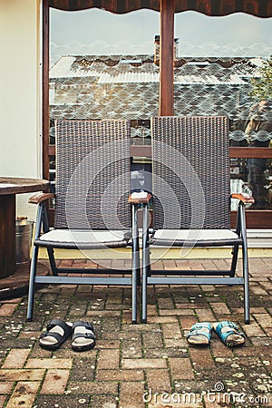 Garden furniture at the winter season, winterproof and hardy Stock Photo