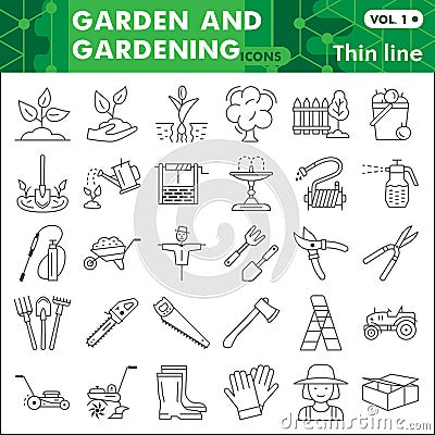 Garden and gardening thin line icon set, farming symbols collection or sketches. Agriculture linear style signs for web Vector Illustration