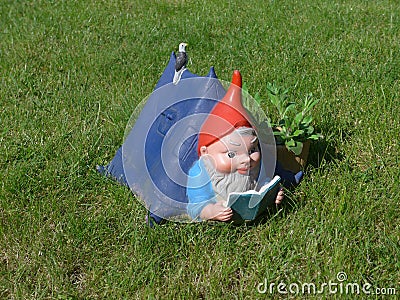 Funny garden gnome on a green meadow Stock Photo