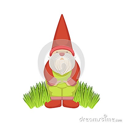 Garden Gnome Standing On Grass Vector Illustration