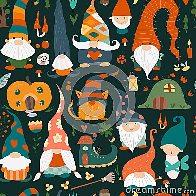 Garden gnomes family. Fairytale characters. Seamless pattern background Vector Illustration