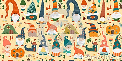 Garden gnomes family. Fairytale characters. Seamless pattern background Vector Illustration