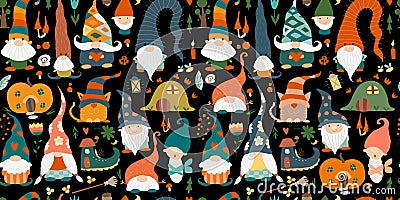 Garden gnomes family. Fairytale characters. Seamless pattern background Vector Illustration