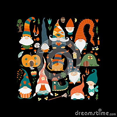 Garden gnomes family. Fairytale characters for your design. Square frame Vector Illustration