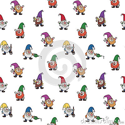 Garden gnomes seamless pattern. Cheerful little gnomes in cartoon style. Colorful vector fairytale kids illustration. Vector Illustration