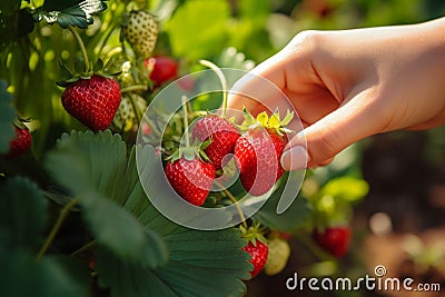 Garden harvest Female farmer handpicks ripe organic strawberries, agriculture concept Stock Photo