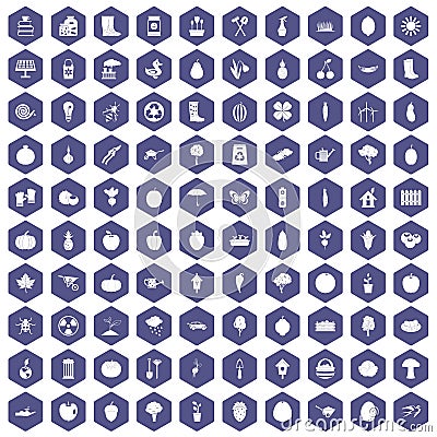 100 garden icons hexagon purple Vector Illustration