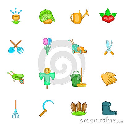 Garden icons set, cartoon style Vector Illustration