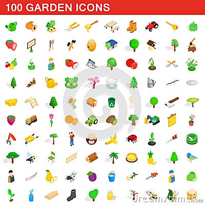 100 garden icons set, isometric 3d style Vector Illustration