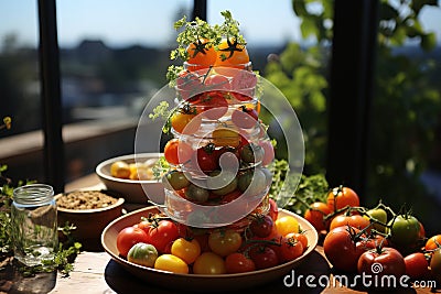 Garden of Imagination: Heirloom Tomato Tower. A whimsical and playful arrangement of heirloom tomatoes Stock Photo