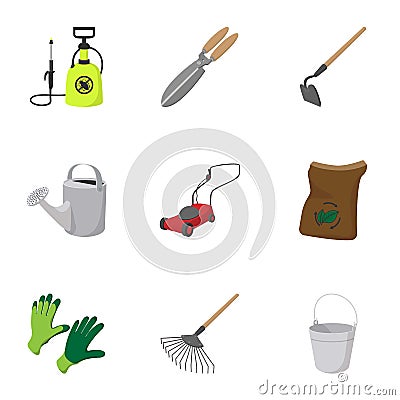 Garden items icons set, cartoon style Vector Illustration