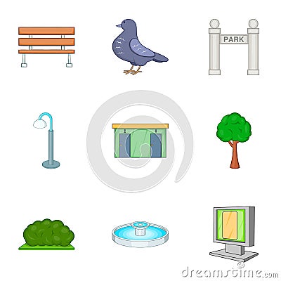 Garden landscape icons set, cartoon style Vector Illustration