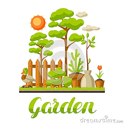 Garden landscape illustration with plants. Season gardening concept Vector Illustration