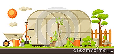 Garden landscape illustration with plants and tools. Season gardening concept Vector Illustration