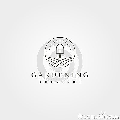 Garden landscape shovel logo vector creative illustration design, line art logo design Vector Illustration