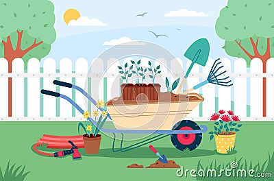 Garden landscape with tools. Gardening elements composition, outdoor works, horticultural inventory, wheelbarrow with Vector Illustration