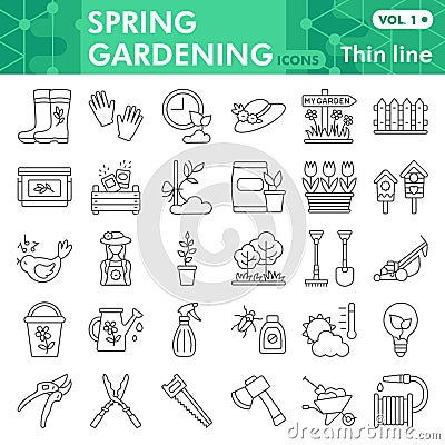 Garden line icon set, agricultural symbols collection or sketches. Spring gardening thin line with headline linear style Vector Illustration