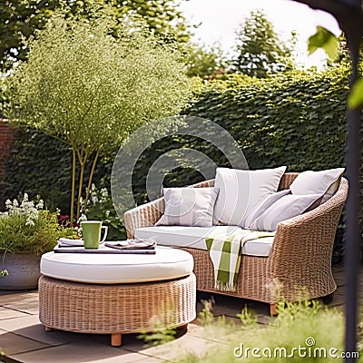 Garden lounge, outdoor furniture and countryside house patio decor in a country cottage style, generative ai Stock Photo