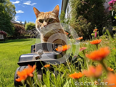 Garden Meadow Lawn Cutting, a Worker Mows Grass, Plant Cut, Garden Care, Generative AI Illustration Stock Photo