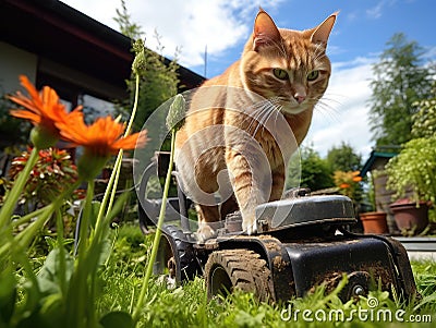 Garden Meadow Lawn Cutting, a Worker Mows Grass, Plant Cut, Garden Care, Generative AI Illustration Stock Photo