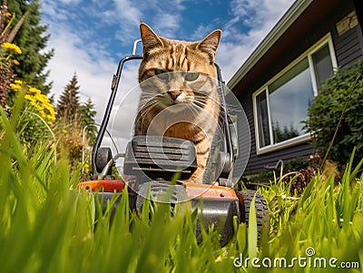 Garden Meadow Lawn Cutting, a Worker Mows Grass, Plant Cut, Garden Care, Generative AI Illustration Stock Photo