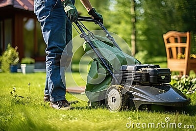 Garden Meadow Lawn Cutting, a Worker Mows Grass, Plant Cut, Garden Care, Generative AI Illustration Stock Photo