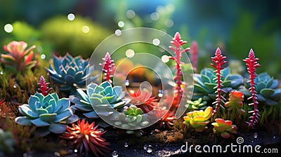 Miniature succulent plants. Close-up of colorful miniature succulents cactus garden in blurred background. AI generated. Cartoon Illustration