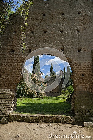 Garden of Ninfa in Italy with the arch of the ruins of a church. European smoketree o Cotinus Coggygria Albero della Nebbia. Editorial Stock Photo