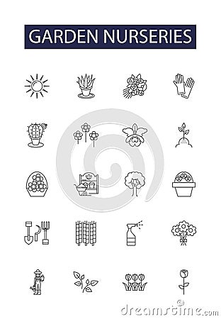 Garden nurseries line vector icons and signs. Garden, Plants, Trees, Shrubs, Flowers, Herbs, Succulents, Bushes outline Vector Illustration