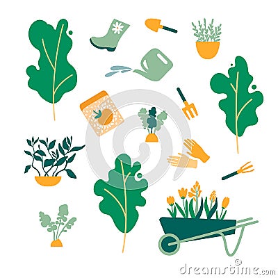 Set of gardening items. Trees plants fruits herbs tools gloves boots rakes shovels seeds flowers cart. Vector Illustration