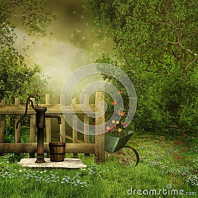 Garden with an old water pump Stock Photo