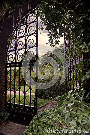 Garden with an Open Gate Stock Photo