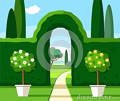 Garden, Park, green arch, trees are blooming, coloured illustrations./ Vector Illustration