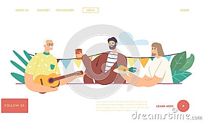 Garden Party, Summer Holiday Landing Page Template. Happy Family Characters Spend Time Outdoor, Eating and Communicate Vector Illustration