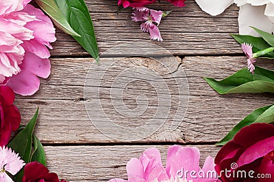 Garden peony flowers on wood Stock Photo