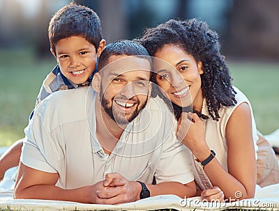 Garden, picnic and happy family portrait relax in nature, bond on summer vacation outdoor. Love, kids and black family Stock Photo