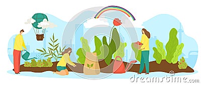 Garden with plant, vector illustration. Tiny flat people character work with green agriculture natural, gardener sow in Vector Illustration