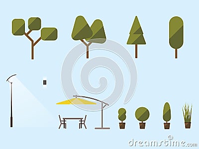 Garden plants and furniture. A set of shrubs, trees... Vector Illustration