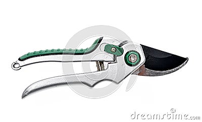 Garden pruner or scissors or pruning shear on an isolated white Stock Photo