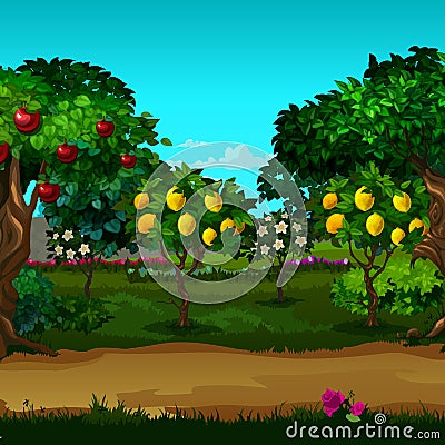 A garden with ripe fruit. Vector cartoon close-up illustration. Vector Illustration