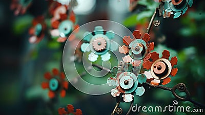 Garden sculptures of corroded green and red metal flowers - generative AI Stock Photo