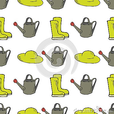 Garden seamless pattern with watering can, rubber boots and hat Vector Illustration