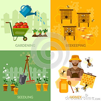 Garden set beekeeping honey and bees cultivation vegetables Vector Illustration