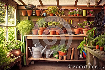 garden shed filled with potted plants and garden supplies Stock Photo