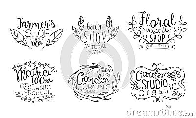 Garden Shop Hand Drawn Badges Set, Floral Organic Shop, Garden Organic Studio, Farmers Market Monochrome Vector Vector Illustration