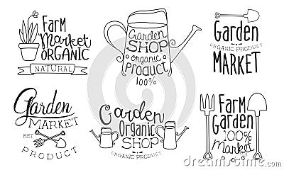 Garden Shop Organic Product Hand Drawn Badges Set, Farm Organic Market Monochrome Vector Illustration Vector Illustration