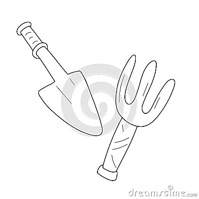 Garden shovel and rake fork, equipment for digging and raking ground, tool for farming and gardening, small spade Vector Illustration