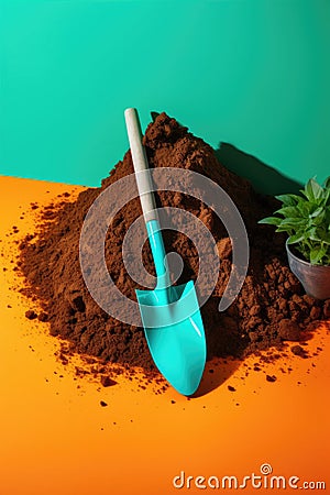 A garden shovel with soil and a small pot with a plant on an orange green background, Generative AI Stock Photo