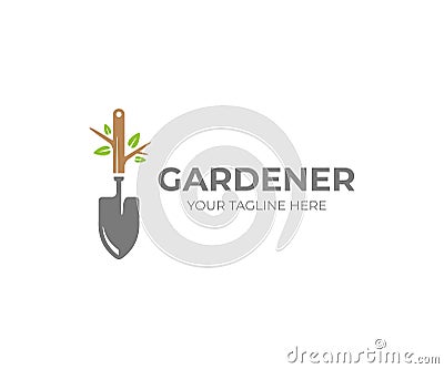 Garden shovel and tree with green leaves logo template. Gardening plant, garden tool vector design Vector Illustration