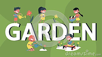 Garden single word banner concept. Children gardening Vector Illustration